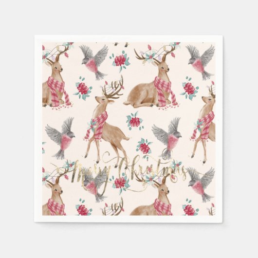愛らしいトナカイ，鳥，花 スタンダードカクテルナプキン (正面)