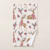 愛らしいトナカイ，鳥，花 バスタオルセット (ハンドタオル)