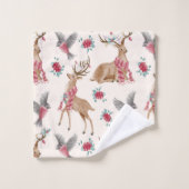 愛らしいトナカイ，鳥，花 バスタオルセット (ウォッシュタオル)