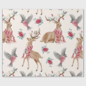 愛らしいトナカイ，鳥，花 ラッピングペーパー (フラット)
