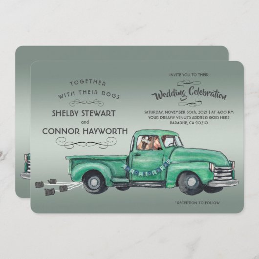 愛らしいドイツの羊飼いがヴィンテージピックアップ車に乗る 招待状 (正面/裏面)