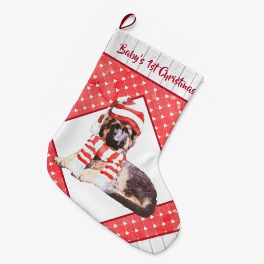 愛らしいドイツの羊飼いの子犬の初めてのクリスマス ラージクリスマスストッキング (正面 (吊り時))