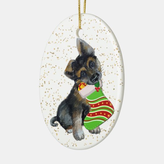 愛らしいドイツの羊飼い子犬のクリスマスストッキング セラミックオーナメント (左)