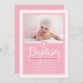 愛らしいドットバプテスマ招待状 – ピンク 招待状 (正面/裏面)