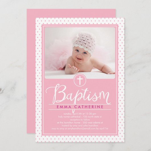 愛らしいドットバプテスマ招待状 – ピンク 招待状 (正面/裏面)