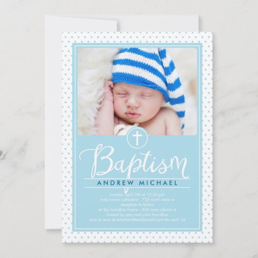 愛らしいドットバプテスマ招待状 – 青 招待状 (正面)