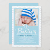 愛らしいドットバプテスマ招待状 – 青 招待状 (正面/裏面)