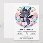 愛らしいドラゴンの1歳誕生日 招待状 (正面/裏面)