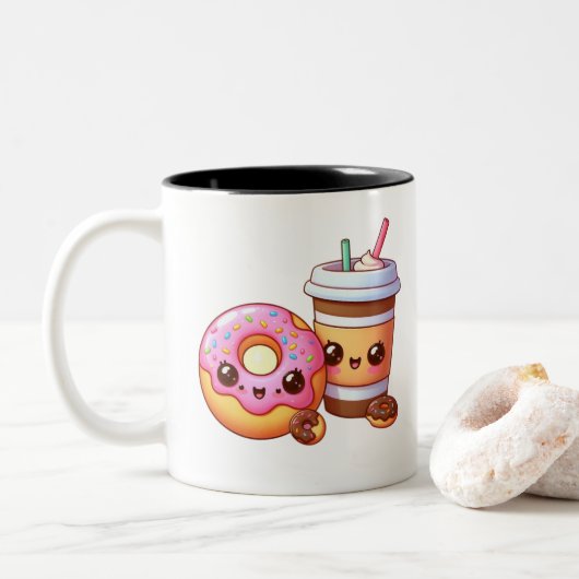 愛らしいドーナツ&コーヒー – 食べ物かわいいアート ツートーンマグカップ (ドーナツ)