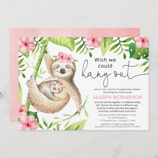 愛らしいナマケの女の子のベビーシャワーで車を運転する 招待状 (正面/裏面)