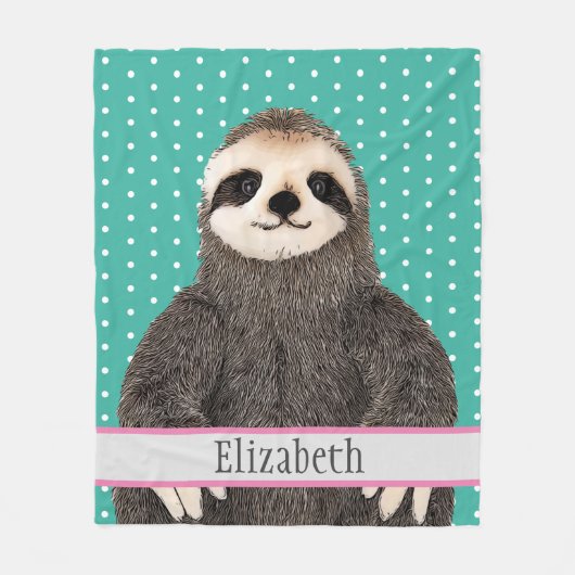 愛らしいナマケモノティール(緑がかった色)名キッズアニマル フリースブランケット (正面)