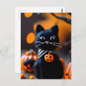 愛らしいニードル切り抜きブラック・ハロウィーン猫 ポストカード (正面/裏面)
