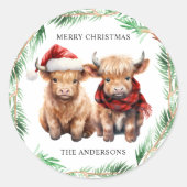 愛らしいハイランドカウカーフファームメリークリスマス ラウンドシール (正面)