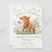 愛らしいハイランド牛の最初の誕生日パーティーの招待 招待状 (正面)