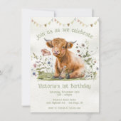 愛らしいハイランド牛1歳の誕生日パーティー 招待状 (正面)