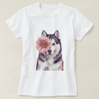 愛らしいハスキーの水のカラーイラストレーション Tシャツ