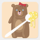 愛らしいハチミツクマにスプーンと赤い弓 スクエアシール (正面)