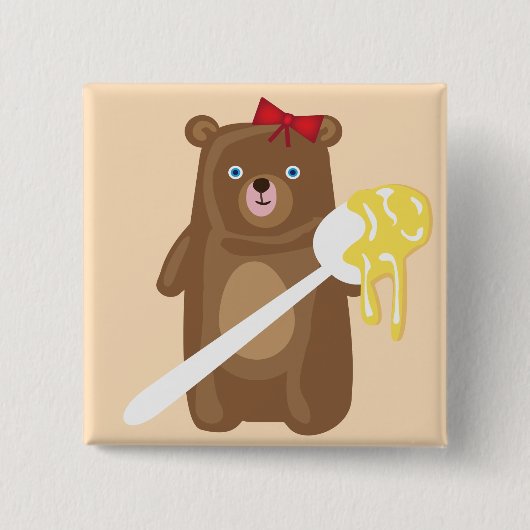 愛らしいハチミツクマにスプーンと赤い弓 缶バッジ (正面)