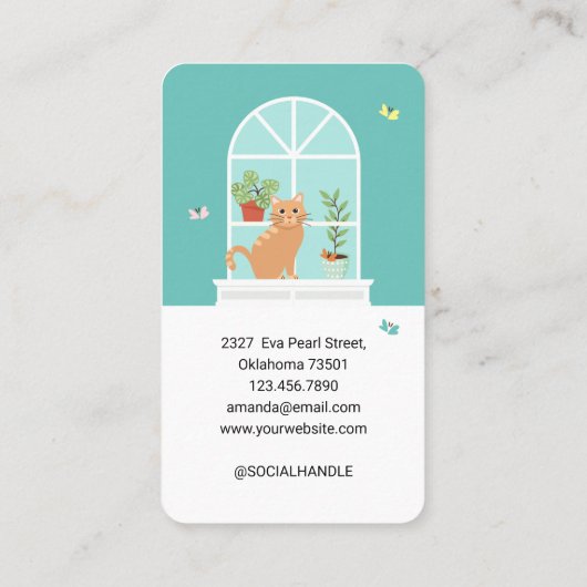 愛らしいハッピーキャット上の窓敷居ペット座って 名刺 (裏面)