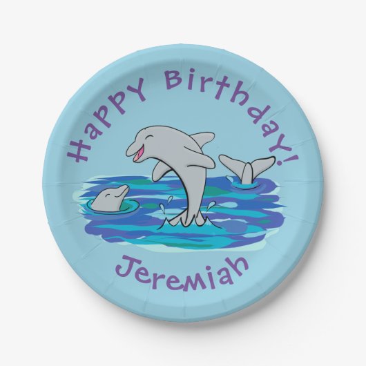 愛らしいハッピードルフィンズアニメイラストレーション ペーパープレート (正面)