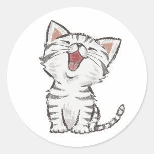 愛らしいハッピーニャーグレイ(グレー)子猫ステッカー ラウンドシール