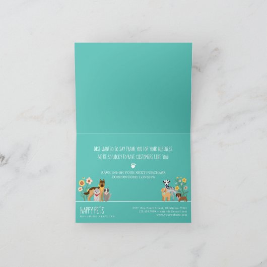 愛らしいハッピーペットファミリーペットケア、グルーミングティール（緑がかった色） サンキューカード (内部)