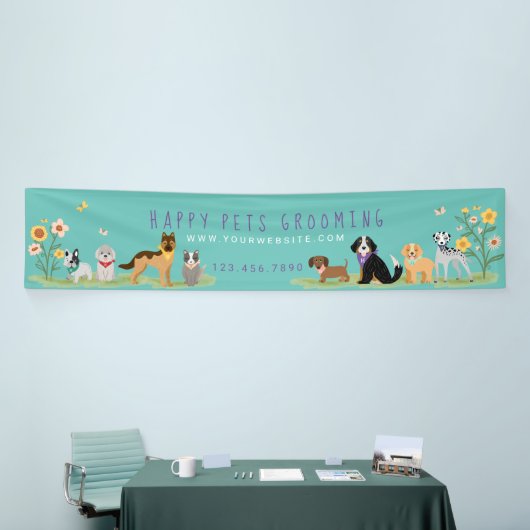 愛らしいハッピーペットファミリーペットケア、グルーミングティール(緑がかった色) 横断幕 (トレードショー)