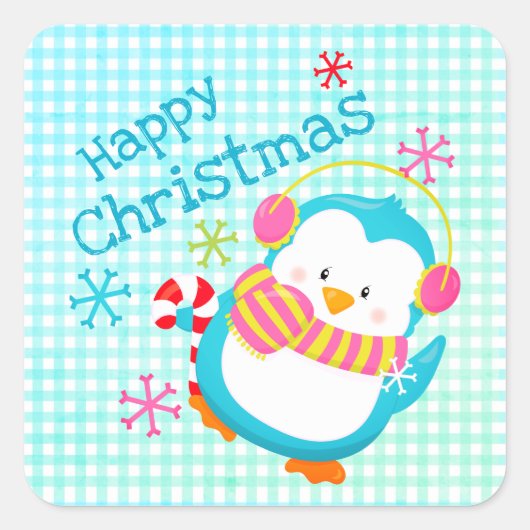 愛らしいハッピーペンギンカラフルスモダンクリスマスF スクエアシール (正面)