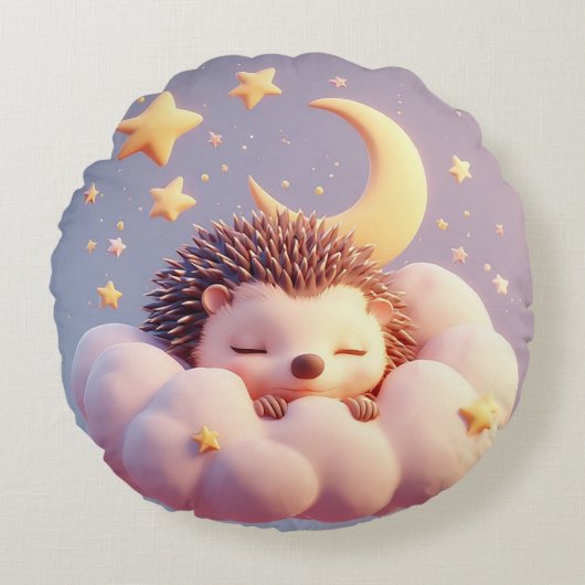 愛らしいハリネズミが雲の上で眠る ラウンドクッション (正面)