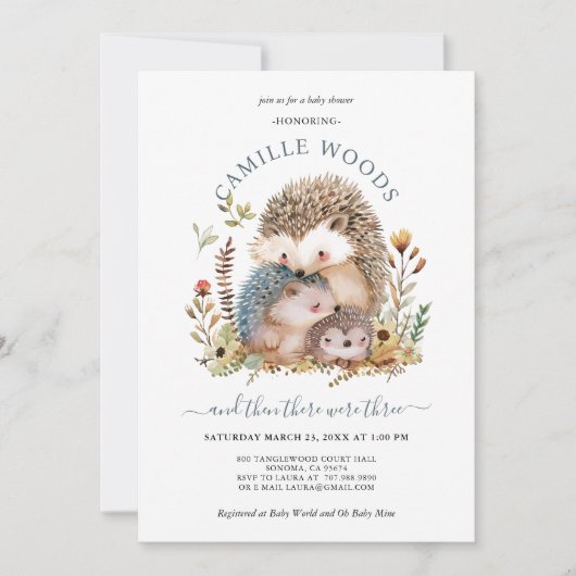 愛らしいハリネズミ家族の赤ちゃんシャワー 招待状 (正面)