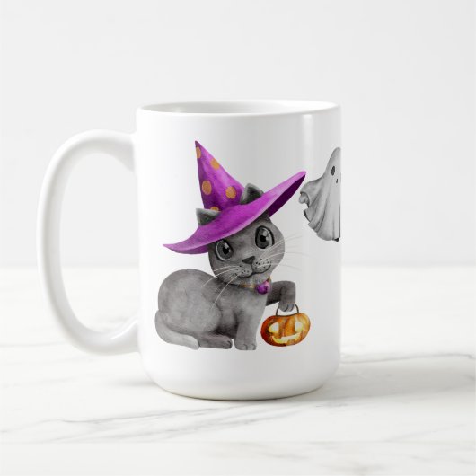 愛らしいハロウィーングレー猫幽霊幽霊のよく出るハウス コーヒーマグカップ (左)