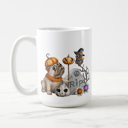 愛らしいハロウィーンパグ犬フール花墓石 コーヒーマグカップ (左)