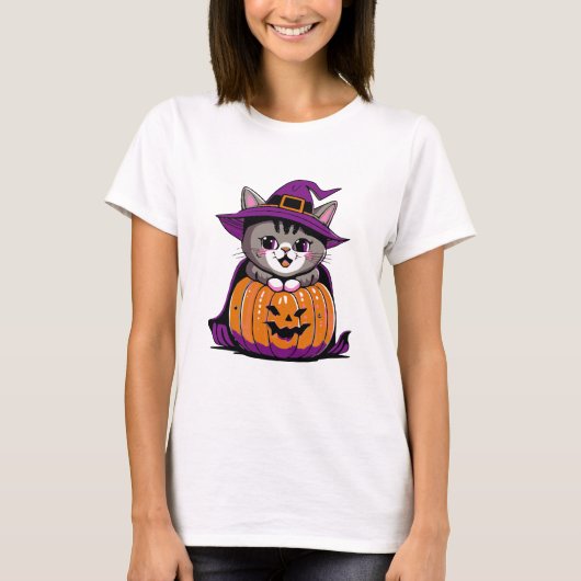 愛らしいハロウィーン魔女猫 Tシャツ (正面)