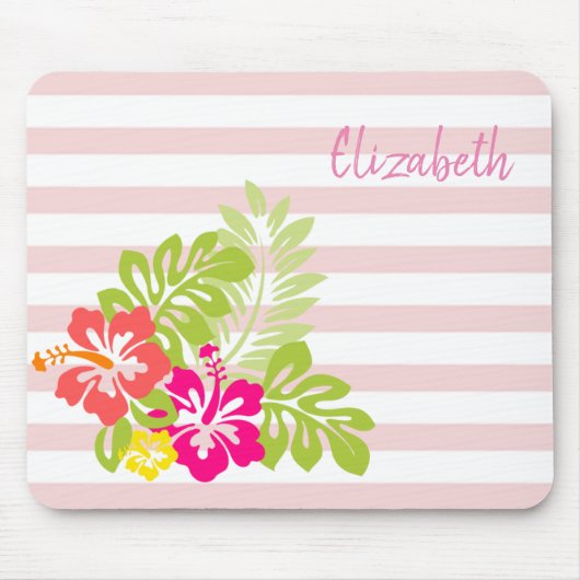 愛らしいハワイアンヒビスクスストライプ、-パーソナライズされた マウスパッド (正面)