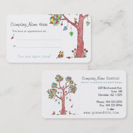 愛らしいハートツリーと鳥のアポイントメントリマインダー 名刺 (正面/裏面)