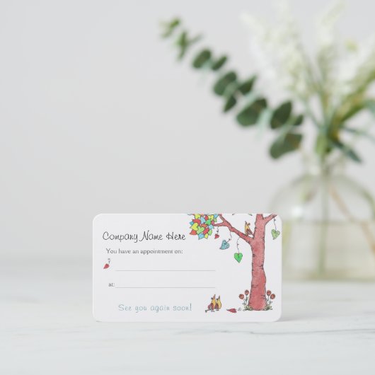 愛らしいハートツリーと鳥のアポイントメントリマインダー 名刺 (スタンド正面)