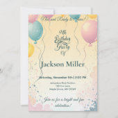 愛らしいバニーとバルーンのカスタマイズ可能な誕生日 招待状 (正面)