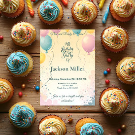 愛らしいバニーとバルーンのカスタマイズ可能な誕生日 招待状