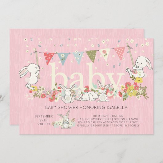 愛らしいバニーガールズベビーシャワー招待状 招待状 (正面/裏面)