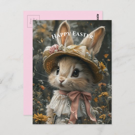 愛らしいバニーストローハットフラワーレース ポストカード (正面/裏面)