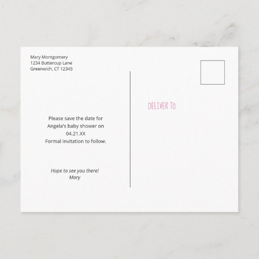 愛らしいバニー女の子の赤ちゃんシャワー日付を保存 案内ポストカード (裏面)