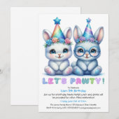 愛らしいバニー誕生日招待状ブルーグリッター 招待状 (正面/裏面)