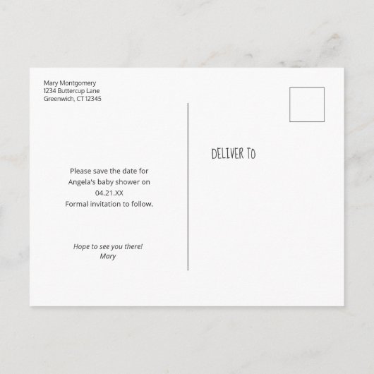 愛らしいバニー赤ちゃんシャワー日を保存 案内ポストカード (裏面)