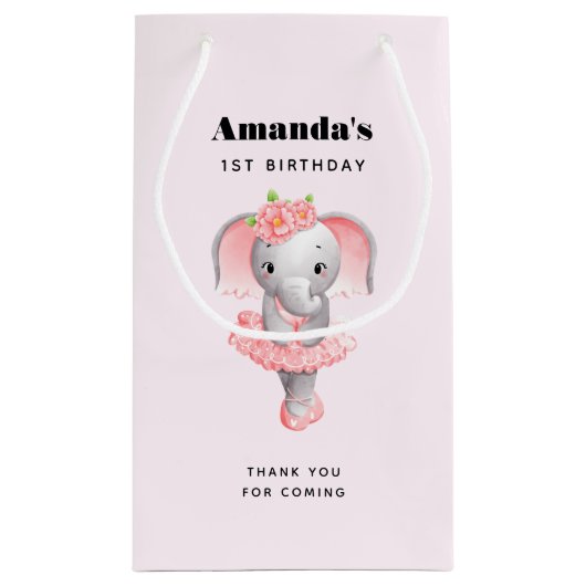 愛らしいバレリナエレファント誕生日ありがとう スモールペーパーバッグ (裏面)