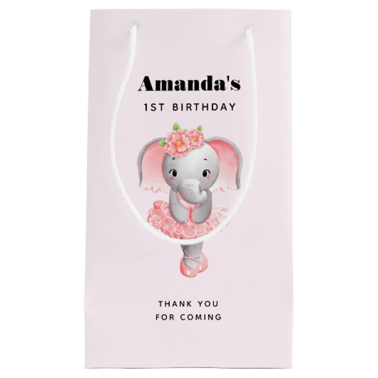 愛らしいバレリナエレファント誕生日ありがとう スモールペーパーバッグ (正面)