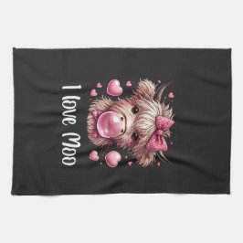 愛らしいバレンタインハイランド牛(白文字) キッチンタオル