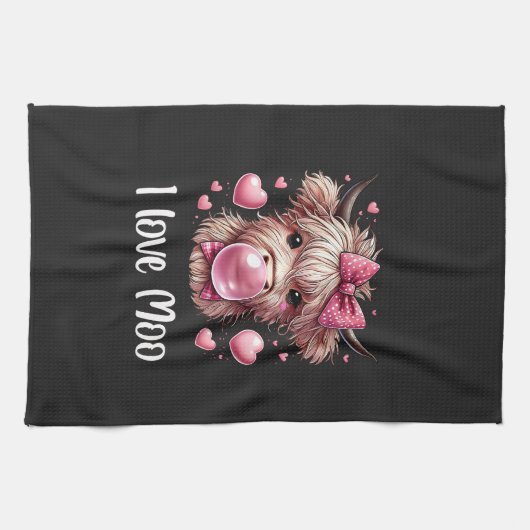 愛らしいバレンタインハイランド牛(白文字) キッチンタオル (横)