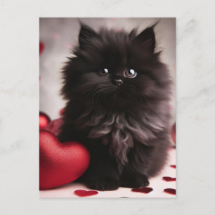 愛らしいバレンタインフワフワ黒の子猫 ポストカード