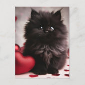 愛らしいバレンタインフワフワ黒の子猫 ポストカード (正面)