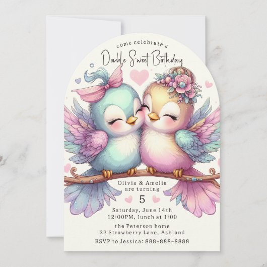愛らしいバードシスターズスイートパステルダブル誕生日 招待状 (正面)